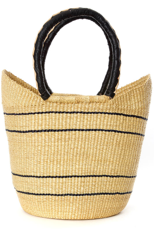 Natural Pinstripe Bolga Shopper with Leather Handles - YEHT CO.